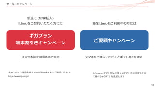 18
セール・キャンペーン
新規に (MNP転入)
IIJmioをご契約いただく方には 現在IIJmioをご利用中の方には
ギガプラン
端末割引きキャンペーン
ご愛顧キャンペーン
スマホ本体を割引価格で販売 スマホをご購入いただくとギフト券※を進呈
※Amazonギフト券など様々なギフト券に交換できる
「選べるe-GIFT」を進呈します
キャンペーン適用条件は IIJmio Webサイトでご確認ください。
https://www.iijmio.jp/
 