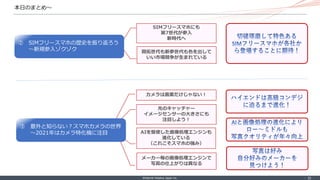 ©Internet Initiative Japan Inc. ‐ 30 ‐
本日のまとめ〜
開拓世代も新参世代も色を出して
いい市場競争が生まれている
SIMフリースマホにも
第7世代が参入
新時代へ
② SIMフリースマホの歴史を振り返ろう
〜新規参入ゾクゾク
カメラは画素だけじゃない！
AIを駆使した画像処理エンジンも
進化している
（これこそスマホの強み）
光のキャッチャー
イメージセンサーの大きさにも
注目しよう！
メーカー毎の画像処理エンジンで
写真の仕上がりは異なる
③ 意外と知らない？スマホカメラの世界
〜2021年はカメラ特化機に注目
 