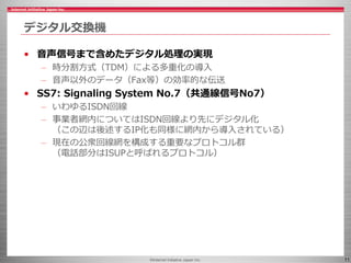 ©Internet Initiative Japan Inc. 11
デジタル交換機
• 音声信号まで含めたデジタル処理の実現
– 時分割方式（TDM）による多重化の導入
– 音声以外のデータ（Fax等）の効率的な伝送
• SS7: Signa...