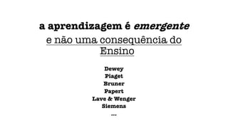a aprendizagem é emergente
e não uma consequência do
Ensino
Dewey
Piaget
Bruner
Papert
Lave & Wenger
Siemens
...
 
