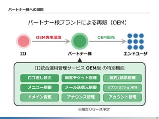 47
パートナー様への展開
パートナー様ブランドによる再販（OEM）
IIJ パートナー様 エンドユーザ
OEM販売
IIJ統合運用管理サービス OEM版 の特別機能
メニュー制御 メール送信元制御
ドメイン変更 アナウンス管理
ロゴ差し替え 顧客チケット管理
サブスクリプション管理
アカウント管理
契約/請求管理
OEM専用環境
※順次リリース予定
 