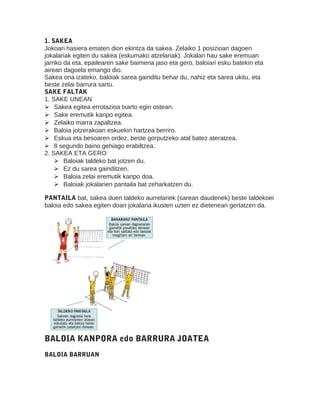1. SAKEA
Jokoari hasiera ematen dion ekintza da sakea. Zelaiko 1 posizioan dagoen
jokalariak egiten du sakea (eskumako atzelariak). Jokalari hau sake eremuan
jarriko da eta, epailearen sake baimena jaso eta gero, baloiari esku batekin eta
airean dagoela emango dio.
Sakea ona izateko, baloiak sarea gainditu behar du, nahiz eta sarea ukitu, eta
beste zelai barrura sartu.
SAKE FALTAK
1. SAKE UNEAN
 Sakea egitea errotazioa txarto egin ostean.
 Sake eremutik kanpo egitea.
 Zelaiko marra zapaltzea.
 Baloia jotzerakoan eskuekin hartzea berriro.
 Eskua eta besoaren ordez, beste gorputzeko atal batez ateratzea.
 8 segundo baino gehiago erabiltzea.
2. SAKEA ETA GERO
 Baloiak taldeko bat jotzen du.
 Ez du sarea gainditzen.
 Baloia zelai eremutik kanpo doa.
 Baloiak jokalarien pantaila bat zeharkatzen du.
PANTAILA bat, sakea duen taldeko aurrelariek (sarean daudenek) beste taldekoei
baloia edo sakea egiten doan jokalaria ikusten uzten ez dietenean gertatzen da.
BALOIA KANPORA edo BARRURA JOATEA
BALOIA BARRUAN
 