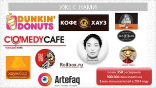 Более	
  350	
  ресторанов	
  	
  
	
  900	
  000	
  пользователей	
  
2	
  млн	
  пользователей	
  в	
  2014	
  году
УЖЕ С НАМИ
 