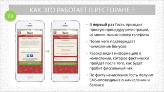 КАК ЭТО РАБОТАЕТ В РЕСТОРАНЕ ?
• В первый раз Гость проходит
простую процедуру регистрации,
оставляя только номер телефона
!
• После чего подтверждает
начисление бонусов
!
• Кассир видит информацию о
начислении, которое фактически
пройдет после того, как будет
пробит фискальный чек
!
• По факту начисления Гость получит
SMS-оповещение о начислении и
балансе
2а
 