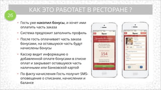 КАК ЭТО РАБОТАЕТ В РЕСТОРАНЕ ?
• Гость уже накопил бонусы, и хочет ими
оплатить часть заказа
!
• Система предложит заполнить профиль
!
• После гость оплачивает часть заказа
бонусами, на оставшуюся часть будут
начислены бонусы
!
• Кассир видит информацию о
добавленной оплате бонусами в списке
оплат и закрывает оставшуюся часть
наличными или банковской картой
!
• По факту начисления Гость получит SMS-
оповещение о списании, начислении и
балансе
2б
 