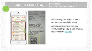 КАК ЭТО РАБОТАЕТ ?
• Гость получает заказ и чек с
промо-кодом и QR-кодом
!
• Активирует промо-код или
считывает QR-код в мобильном
приложении iiko.net
1
В РЕСТОРАНЕ
БЫСТРОГО ОБСЛУЖИВАНИЯ
 