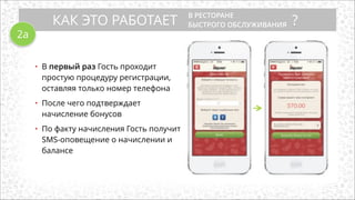 КАК ЭТО РАБОТАЕТ ?
В РЕСТОРАНЕ
БЫСТРОГО ОБСЛУЖИВАНИЯ
• В первый раз Гость проходит
простую процедуру регистрации,
оставляя только номер телефона
!
• После чего подтверждает
начисление бонусов
!
• По факту начисления Гость получит
SMS-оповещение о начислении и
балансе
2а
 