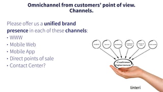 Omnichannel from customers’ point of view.
Channels.
Please oﬀer us a unified brand
presence in each of these channels:
• WWW
• Mobile Web
• Mobile App
• Direct points of sale
• Contact Center?
 