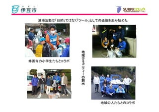 清掃活動は「目的」ではなく「ツール」としての価値を生み始めた




                   地
                   域
                   コ
                   ミ
修善寺の小学生たちとコラボ      ュ
                   ニ
                   テ
                   ィ
                   ー
                      の
                  創
                    出




                          地域の人たちとのコラボ
 