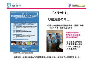「メリット１」
                      メリット１
                   ○信用度の向上
                    信用度の
                  ◎県との協働推進講座を開催。講師に知恵
                    との協働推進講座を開催。講師に
                      協働推進講座
                   フェス代表 永谷氏など
                            など6名
                   フェス代表 永谷氏など 名

                             ◎伊豆市役所に
                              伊豆市役所に
                             NPO担当が誕生
                                担当が
                                担当
                             担当の
                             担当の相良氏

                             ◎平塚市と伊豆市
                               平塚市と
                               連携事業に
                             の連携事業に参加
                              ブースの作
                             （ブースの作り方、
                             人の集め方）
静岡「県」との講座契約

知恵組フェスタには多くの行政関係者も来場、これにより
知恵組フェスタには多くの行政関係者も来場、これによりNPOも信用度を増した
   フェスタには   行政関係者            も信用度を
 