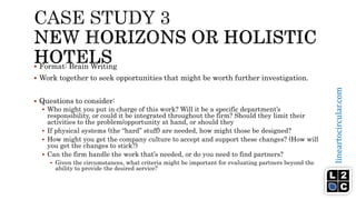lineartocircular.com
 Format: Brain Writing
 Work together to seek opportunities that might be worth further investigation.
 Questions to consider:
 Who might you put in charge of this work? Will it be a specific department’s
responsibility, or could it be integrated throughout the firm? Should they limit their
activities to the problem/opportunity at hand, or should they
 If physical systems (the “hard” stuff) are needed, how might those be designed?
 How might you get the company culture to accept and support these changes? (How will
you get the changes to stick?)
 Can the firm handle the work that’s needed, or do you need to find partners?
 Given the circumstances, what criteria might be important for evaluating partners beyond the
ability to provide the desired service?
 
