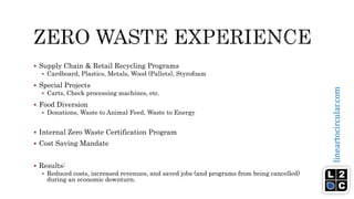 lineartocircular.com
 Supply Chain & Retail Recycling Programs
 Cardboard, Plastics, Metals, Wood (Pallets), Styrofoam
 Special Projects
 Carts, Check processing machines, etc.
 Food Diversion
 Donations, Waste to Animal Feed, Waste to Energy
 Internal Zero Waste Certification Program
 Cost Saving Mandate
 Results:
 Reduced costs, increased revenues, and saved jobs (and programs from being cancelled)
during an economic downturn.
 