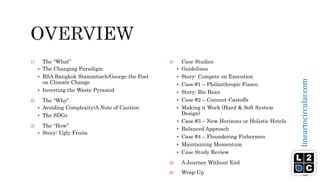 4
lineartocircular.com
1) The “What”
 The Changing Paradigm
 RSA Bangkok Stammtisch/George the Poet
on Climate Change
 Inverting the Waste Pyramid
2) The “Why”
 Avoiding Complexity/A Note of Caution
 The SDGs
3) The “How”
 Story: Ugly Fruits
4) Case Studies
 Guidelines
 Story: Compete on Execution
 Case #1 – Philanthropic Fiasco
 Story: Bio Bean
 Case #2 – Coconut Castoffs
 Making it Work (Hard & Soft System
Design)
 Case #3 – New Horizons or Holistic Hotels
 Balanced Approach
 Case #4 – Floundering Fishermen
 Maintaining Momentum
 Case Study Review
5) A Journey Without End
6) Wrap-Up
 