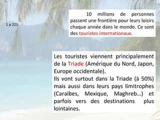 10 millions de personnes
                passent une frontière pour leurs loisirs
1 p 221
                chaque année dans le monde. Ce sont
                des touristes internationaux.



          Les touristes viennent principalement
          de la Triade (Amérique du Nord, Japon,
          Europe occidentale).
          Ils vont surtout dans la Triade (à 50%)
          mais aussi dans leurs pays limitrophes
          (Caraïbes, Mexique, Maghreb…) et
          parfois vers des destinations plus
          lointaines.
 