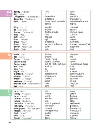 110
daddy /’dIdi/
day /dí/
December /dï’sembá(r)/
describe /dP’skraPb/
desk /desk/
dirty /’då:ti/
do /dá, du:/	
doctor /’dîktá(r)/
dog /dîg/
doll /dîl/
door /dà:(r)/
draw /drA:/
dress /dres/
driver /draïvá(r)/
duck /dãk/
t=tic
zi
decembrie
a descrie
birou, mas= de scris,
banc=
murdar
a face
doctor, medic
c]ine
p=pu[=
u[=
a desena
rochie, a ]mbr=ca
[ofer
ra=
ïàïà
äåíü
äåêàáðü
îïèñûâàòü
ïèñüìåííûé ñòîë,
ïàðòà
ãðÿçíûé
äåëàòü
äîêòîð, âðà÷
ñîáàêà
êóêëà
äâåðü
ðèñîâàòü
ïëàòüå, îäåâàòü(ñÿ)
âîäèòåëü
óòêà
each /i:tE/
ear /ïá(r)/
Easter /’i:stá(r)/
Easter cake
Easter eggs
eat /i:t/
egg /eg/
eight /eït/
eighteen /,í’ti:n/
eleven /ï’levn/
eraser /ï’rízá(r)/
evening /’i:vnPç/
exercisebook /’eksásaiz bìk/
eye /aï/
fiecare
ureche
Pa[te, Pa[ti
pasc=, cozonac
ou= de Pa[ti, ou= ro[ii
a m]nca
ou
opt
optsprezece
unsprezece
radier=
sear=
caiet
ochi
êàæäûé
óõî
Ïàñõà
êóëè÷
Ïàñõàëüíûå ÿéöà
åñòü
ÿéöî
âîñåìü
âîñåìíàäöàòü
îäèííàäöàòü
ðåçèíêà
âå÷åð
тетрадь
ãëàç
face /fís/
family /’fèmáli/
farm /fë:m/
farmer /fa:mB/
father /fë:âá(r)/
favourite /’fívárït/
February /’februári/
felt-tip pen /,felt tPp ‘pen/
fifteen /,fïf’ti:n/
find /faPnd/
fine /faPn/
finger /’fPHgB(r)/
fa=
familie
ferm=
fermier
tat=
favorit, preferat
februarie
carioc=
cincisprezece
a g=si
bine
deget
ëèöî
ñåìüÿ
ôåðìà
ôåðìåð
îòåö
ëþáèìûé
ôåâðàëü
ôëîìàñòåð
ïÿòíàäöàòü
íàõîäèòü
хорошо
ïàëåö
 