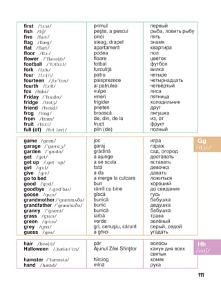 111
first /få:st/
fish /fPE/
five /faïv/
flag /flèg/
flat /flèt/
floor /flA:/
flower /’flaìá(r)/
football /’fìtbà:l/
fork /fà:k/
four /fà:(r)/
fourteen /,fà:’ti:n/
fourth /fà:é/
fox /fîks/
Friday /’fraïdí/
fridge /frïdæ/
friend /frend/
frog /frîg/
from /frîm/
fruit /fru:t/
full (of) /fìl (áv)/
primul
pe[te, a pescui
cinci
steag, drapel 	
apartament
podea
floare
fotbal
furculi=
patru
paisprezece
al patrulea
vulpe
vineri
frigider
prieten
broasc=
de, din, de la
fruct
plin (de)
ïåðâûé
ðûáà, ëîâèòü ðûáó
ïÿòü
çíàìÿ
êâàðòèðà
ïîë
öâåòîê
ôóòáîë
âèëêà
÷åòûðå
÷åòûðíàäöàòü
÷åòâ¸ðòûé
ëèñà
ïÿòíèöà
õîëîäèëüíèê
äðóã
ëÿãóøêà
из, от
ôðóêò
ïîëíûé
game /gePm/
garage /’gèrë:æ/
garden /’gë:dn/
get /get/
get up /,get ‘Dp/
girl /gå:l/
give /gïv/
go to bed
good /gìd/
goodbye /,gìd’baï/
goose /gu:s/
grandmother /’grènmDCB/
grandfather /’grènfë:CB/
granny /’grèni/
grass /gra:s/
green /gri:n/
grey /grí/
guess /ges/
joc
garaj
gr=din=
a ajunge
a se scula
fat=
a da
a merge la culcare
bun
r=m]i cu bine
g]sc=
bunic=
bunic
bunic=
iarb=
verde
gri, cenu[iu, c=runt
a ghici
èãðà
ãàðàæ
ñàä, îãîðîä
äîñòàâàòü
âñòàâàòü
äåâî÷êà
äàâàòü
ëîæèòüñÿ
õîðîøèé
äî ñâèäàíèÿ
ãóñü
áàáóøêà
äåäóøêà
áàáóøêà
òðàâà
çåë¸íûé
ñåðûé, ñåäîé
óãàäàòü
hair /heB(r)/
Halloween /,hèláì’i:n/
hamster /’hèmstá/
hand /hènd/
p=r
Ajunul Zilei Sfinilor
h]rciog
m]n=
âîëîñû
êàíóí äíÿ âñåõ
ñâÿòûõ
хомяк
ðóêà
 