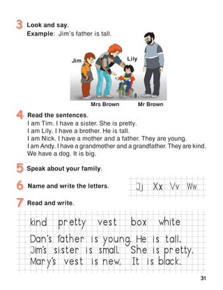 31
I am Tim. I have a sister. She is pretty.
I am Lily. I have a brother. He is tall.
I am Nick. I have a mother and a father. They are young.
I am Andy. I have a grandmother and a grandfather. They are kind.
We have a dog. It is big.
Read the sentences.
Xx Vv Ww
oxin vestpretty w ite
Dan
,
s   at er i s young. He is tall.
im
,
s    sister i s  small.   S e i s  pretty.
Mary
,
s vest is new. It
  
i s lac .
 