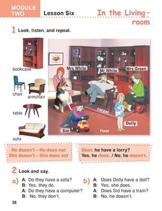 38
MODULE
TWO
Does  he have a lorry?
Yes, he does. / No, he doesn’t.
He doesn’t He does not
She doesn’t She does not
Dolly
 