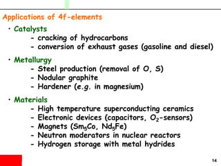 14
Applications of 4f-elements
• Catalysts
- cracking of hydrocarbons
- conversion of exhaust gases (gasoline and diesel)
• Metallurgy
- Steel production (removal of O, S)
- Nodular graphite
- Hardener (e.g. in magnesium)
• Materials
- High temperature superconducting ceramics
- Electronic devices (capacitors, O2-sensors)
- Magnets (Sm5Co, Nd5Fe)
- Neutron moderators in nuclear reactors
- Hydrogen storage with metal hydrides
 