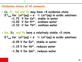 32
• Ce, Pr, Nd and Tb may have +4 oxidation state
E 0
red for Ln4+(aq) + e- D Ln3+(aq) in acidic solutions:
+1.72 V for Ce4+, stable in water
+3.20 V for Pr4+, oxidizes water
+3.10 V for Tb4+, oxidizes water
• Sm, Eu, and Yb have a relatively stable +2 state
E 0
red for Ln3+(aq) + e- D Ln2+(aq) in acidic solutions:
-0.35 V for Eu2+, stable in water
-1.15 V for Yb2+, reduces water
-1.56 V for Sm2+, reduces water
Oxidation states of 4f elements
 
