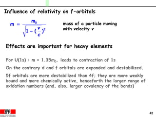 42
Influence of relativity on f-orbitals


0
2
1 ( )
m
m
v
c
mass of a particle moving
with velocity v
For U(1s) : m = 1.35m0, leads to contraction of 1s
On the contrary d and f orbitals are expanded and destabilized.
5f orbitals are more destabilized than 4f; they are more weakly
bound and more chemically active, henceforth the larger range of
oxidation numbers (and, also, larger covalency of the bonds)
Effects are important for heavy elements
 