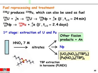 49
Fuel reprocessing and treatment
1st stage: extraction of U and Pu
238 1 239 239 0 -
92 0 92 93 -1 1/2
239 0 -
93 -1 1
39
9 /2
2
4
U + n U Np + e ( ,t 24 min)
Np + e (Pu ,t 2 4 days).
  b 
 b 
238U produces 239Pu, which can also be used as fuel
TBP extraction
in kerosene (PUREX)
HNO3 7 M
nitrates
Other fission
products + An
[UO2(NO3)2(TBP)2]
[Pu(NO3)4(TBP)2
Np
 