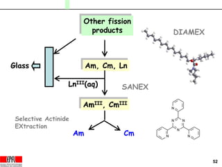 52
Other fission
products DIAMEX
Am, Cm, Ln
AmIII, CmIII
LnIII(aq)
Glass
SANEX
Selective Actinide
EXtraction
Am Cm
N
N
N
N
NN
 
