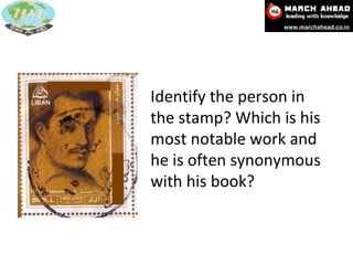 Identify the person in the stamp? Which is his most notable work and he is often synonymous with his book? 
