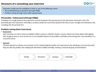 (C) Consult Club, IIM Ahmedabad
Structure of a consulting case interview
2022-2023
Interviews usually test the candidates on both or any of the following criteria:
• Personality/behavioural questions (through HRQ)
• Problem solving (through cases and/or guesstimates)
Personality / behavioural (through HRQs)
Candidates are strongly advised to be prepared for any kind of question that may pop-up from the information mentioned in their CVs,
particularly past work experience, internships or projects, besides the most famous questions like what are your strengths and weaknesses, why
consulting, why this particular firm.
Problem solving (Case interviews)
• Expectations
Case interviews are used to measure candidates’ ability to assess an unfamiliar situation, uncover relevant and minute details while applying
their thought process to come up with one or more possible solutions to the problem, and finally communicating their recommendations in a
structured manner.
• Approach
The basic approach to solving a case interview is: First, understanding the problem and requirements, then identifying a structure that would
help one solve the problem, then analysing the information available and finally, reaching a conclusion & giving recommendations
Clarify Structure Analyse Conclude
Page 10
 