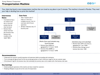 (C) Consult Club, IIM Ahmedabad
Your client has found a new transportation machine that can travel to any place in just 5 minutes. The machine is housed in Mumbai. They need
your help in deciding how to price this machine?
Interviewee
Notes
• Cost-based pricing is
not relevant since
this is a one time
product that the
client has found
• Business Class:
owners of private
jets; Economy class:
business class
travellers of the
regular flights
Case Facts
• Only 1 machine with 11
stops, so 1 hour for a
complete trip and 1 hour to
cool down with 24 hours
operations
• 20 Seats: 5 Business class, 15
Economy class
Recommendations
• Understand the machine’s overall proposition and operations before proceeding with calculations
• Try to converge the figures found via the two pricing approaches to reach a final price range for the two customer types
• If the demand is high for the business class, then eventually the economy seats can be replace with a few business class seats
Pricing of
Machine
Competition
Based pricing
Value Based
Pricing
Supply
Demand ratio
Reference
Price
Transportation Machine
Page 112
Key learnings
• Understanding the operations of the machine and value created for customers
• Analyzing willingness to pay and current costs of transportation
2022-2023
Willingness
to Pay
(Worth of time saved calculated using
Annual Earnings)
• Business Class: $10Mn p.a.
aggregated for 11.5 hours = $13K
• Economy Class: $500K p.a.
aggregated for 11.5 hours = $700
(Calculated using current spendings)
• Business Class: $1Mn cost of jet p.a.,
aggregated for 1 trip = $10K
• Economy Class: Average cost of
business class ticket = $2K
Cost Based
Pricing
Pricing | Moderate | Transportation
 