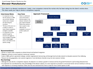 (C) Consult Club, IIM Ahmedabad
Your client is an elevator manufacturer. Lately, a new competitor entered the market who has been eating into the client’s market share.
The client needs your help to devise a competitive response.
Approach/ Framework
Interviewee Notes
• It is important to note
that the industry is a B2B
one, and their declining
market share is despite
the client being the
incumbent.
• The focus of the case is on
an ability to outline as
many creative competitive
strategies as possible.
• It is important to move
quickly through the
structure and suggest as
many strategies as possible
without being bogged
down in the details of one
specific strategy.
Case Facts
• Client is a well-known
name and has been a
dominant player in the
elevator market for the
past couple of decades.
• Market share decline is
due to superior value
offered by the
competitor in terms of
product quality and
price.
Growth in Revenues
Inorganic
Revenues
Organic
Revenues
Number of
Customers
Avg. Revenue
per Customer
No. of Potential
Customers % Conversion
Volume per
customer
Price per
unit
New
Geographies
Existing
Geographies
Elevator Manufacturer
Recommendations
• Partner or acquire other companies to achieve forward and backward integration.
• Negotiate contracts to ensure optimum revenue per customer.
• Invest in R&D, perform operational redesign, consider organizational restructuring, and leverage brand and sales network to dissuade customers from defecting.
• Venture into new geographies, new customer segments or new distribution channels to tap into new customer markets.
Key learnings
• Although the case asks for a competitive response, the objective is to achieve a growth in revenues and thus the growth framework is apt for being exhaustive here.
• It is important not to be flustered by a lack of knowledge of the elevator industry. It is more important to proceed in a structured manner and use creativity to come up
with responses to increasing competition. Other than the ones mentioned here, there is scope for more creative options as well.
Page 123
New
Products
New
Customer
Segments
New
Distribution
Channels
2022-2023
Growth Strategy | Moderate | Manufacturing | Bain
 