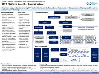 (C) Consult Club, IIM Ahmedabad
Your client is a pan-India video streaming OTT platform like Hotstar, Netflix etc. Due to the competitive industry their growth has stagnated. It wants you
to devise a growth strategy.
Growth Framework
Interviewee Notes
• Important to understand
growth objectives – topline vs
bottom-line, timelines, targets,
constraints etc.
• Essential to understand the
business model, the current
state of users, the nature of
content etc.
• In qualitative factors like
content – it is essential to
understand what makes it
popular – just the content or
the surrounding marketing etc.
• Navigating competitive
landscape is essential in growth
• Just the idea of reducing price
isn’t enough, implementation is
also important.
• Here the acquisition target was
provided and only the analysis
of if we should acquire was
needed. Detailed market scan
will be needed in selecting our
target if not provided.
Case Facts
• Client has English and
Hindi entertainment
content.
• No issues on cost side
and focus only on India.
• Look at both short-term
and long-term growth.
• Focus only on revenues
from the premium
segment.
• In-house content is only
produced for English and
sees more engagement
than licensed content.
• Client doesn’t want to
expand into regional
content or any other
content types (news,
sports etc.).
• Client is open to
acquisitions and has the
financial capacity for it.
Page 140
2022-2023
OTT Platform Growth – Case Structure
Growth & Acquisition | Digital & Media Sector | Video Streaming | Bain Partner Case
Revenues
Existing Business New Business
Related
Diversification
Unrelated
Diversification
Organic Inorganic
# Customers
Revenue/
customer
x
Market Size Market Share
New
Geographies
New Content
Genres
Non-Content
Factors
Content
Factors
Pricing UI/ UX Algorithms
Variety Quality Relevance
M&A Framework
M&A
Joint Venture
Is there
anyone
selling?
Should
you
acquire?
Financial
Non
Financial
Benefits
Costs
Target company
value addition
Synergies
Target Buying
Price
Integration
Costs
Cultural
Legal &
Regulatory
Post
acquisition
risks and
factors
c
c
c
Recommendations
• Short-Term: Proceed with the updated pricing plan with limited time
discounts, multiple subscription levels and a mobile only plan.
• Long-Term: Begin detailed due diligence of ABC and start negotiations.
Also identify alternate targets to keep options open.
Key Learnings
• Understand objective well and structure growth plan in broad segments to cover every aspect. Be cognizant that short-
and long-term growth works differently.
• In M&A cases quantifying benefits and costs can be very tedious. Best to ask for data upfront and take it forward.
Using basic metrics (like CAC here) can help justify decisions. Doing a complete valuation is not usually possible.
Use inorganic route for Hindi
in-house content acquisition
 