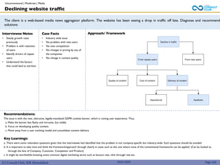 (C) Consult Club, IIM Ahmedabad
The client is a web-based media news aggregator platform. The website has been seeing a drop in traffic off late. Diagnose and recommend
solutions
Recommendations:
The issue is with the new, obtrusive, legally-mandated GDPR cookies banner, which is ruining user experience. Thus,
a. Make the banner less flashy and intrusive, but visible.
b. Focus on developing quality content.
c. Move away from a user tracking model and consolidate content delivery
Key Learnings:
a. There were some redundant questions given that the interviewee had identified that the problem is not company-specific but industry-wide. Such questions should be avoided.
b. It is important to take time and think the framework/approach through clearly in cases such as this one where none of the conventional frameworks can be applied. (Can be looked at,
through the lens of Company, Customer, Competitor and Product)
c. It might be worthwhile knowing some common digital marketing terms such as bounce rate, click through rate etc.
Interviewee Notes
• Steady growth rates
previously
• Problem is with retention
of users
• Identify drivers of repeat
users
• Understand the factors
that could lead to attrition
Case Facts
• Industry wide issue
• No problem with new users
• No new competition
• No changes in pricing by any of
the companies
• No change in content quality
Unconventional | Moderate | Media
Declining website traffic
Page 165
2022-2023
Approach/ Framework
 
