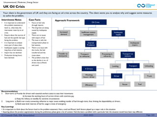 (C) Consult Club, IIM Ahmedabad
Recommendations
1. Short term: a) Provide the drivers with essential workers status to ease their movements.
b) Increase the working hours of current drivers with overtime pay.
c) Keep the military on standby for extreme circumstances
2. Long term: a) Build train tracks connecting refineries to major towns enabling transfer of fuel through trains, thus, limiting the dependability on drivers.
b) Build state level reserves of fuel for usage in times of emergency
Key Learnings
• It is important to think about the factors local to the problem statement. Here, covid and Brexit, both factors played up a major role in this situation.
• Inquiring about the product segmentation during the preliminary phase gives a lot of context. Had this been a problem with a particular fuel, the situation would have been way different.
Your client is the government of UK and they are facing an oil crisis across the country. The client wants you to analyse why and suggest some measures
to solve the problem.
Approach/ Framework
Interviewee Notes
• It is important to understand
the problem statement at
hand i.e., what does the
interviewer mean by an oil
crisis.
• Enquire about the sources of
fuel and the specific fuel type
facing the problem.
• It is important to analyze
every part of value chain.
• Inadequate supply is causing
long lines at fuel stations.
• Import has not declined.
• Productive driving hours
have declined.
Case Facts
• Focus on fuel only
through imports.
• The long lines are being
caused by inadequate
supply.
• There are no issues
with import of fuel.
• The issue is with the
transportation phase to
fuel stations.
• There is no issue with
the trucks, the fuel
transferred and the
route taken.
• The problem arises due
to the decline in no. of
drivers due to Brexit
and covid.
Oil Crisis
Increased
demand
Inadequate
supply
Internal
Problems
Inadequate
import
Transport
to refineries
UK Oil Crisis
Page 169
Truck
2022-2023
Inefficient station
management
Transport to
stations
Transfer to
dockyards
Processing in
refineries
Loading Unloading
Transport
Fuel
Route
Driver
# Drivers
Working
hours / driver
Efficiency
Unconventional | Moderate | Energy Sector
 