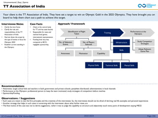 (C) Consult Club, IIM Ahmedabad
Your client is the TT Association of India. They have set a target to win an Olympic Gold in the 2025 Olympics. They have brought you on
board to help them chart out a path to achieve this target.
Approach/ Framework
Interviewee Notes
• Clarify the time frame
• Clarify the role and
responsibilities of the TT
Association of India
• Narrow down the scope by
the type of events in focus for
Olympics 2025
• Establish current standing in
the Olympics
Case Facts
• Client is the central body
for TT and has state boards
• Responsible for state and
national level games,
international representation
• Funding level very less
compared to BCCI,
negligible sponsorship
2022-2023
TT Association of India
Recommendations
• Awareness: target school kids and teachers in both government and private schools; pamphlets distributed; advertisements in local channels
• Performance at the Olympics: professional person to keep the team motivated; study strategies of competitors before matches
• Sponsorship/Funding
Observations / Suggestions
• Such cases are meant to test the first principles and the creativity of the interviewee. So, the interviewee should not be afraid of deriving real life examples and personal experiences
• Another strategy that helps in such cases is conversing with the interviewer about what his/her views are
• The final motive of this case was not to derive suggestions, rather it was to judge the capability to structure and objectively touch every point of development staying MECE
Page 194
Identification of Right
Talent
Training
Performance at the
Olympics
No. of Selection
Events
No. of Players
Selected
Awareness Motivation Capability
Infrastructure
Skills
Physical Skills Technical Skills Mental Skills
Study Competitor
Strategies
Adopt Relevant
Game Plan
Unconventional | Easy | Sports
 
