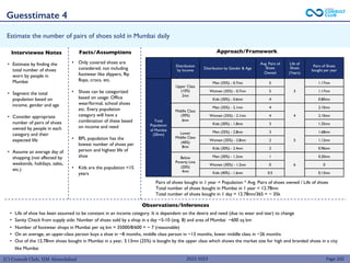 (C) Consult Club, IIM Ahmedabad
Estimate the number of pairs of shoes sold in Mumbai daily
• Life of shoe has been assumed to be constant in an income category. It is dependent on the desire and need (due to wear and tear) to change
• Sanity Check from supply side: Number of shoes sold by a shop in a day ~5-10 (avg. 8) and area of Mumbai ~600 sq km
• Number of footwear shops in Mumbai per sq km = 35000/8/600 = ~ 7 (reasonable)
• On an average, an upper-class person buys a shoe in ~8 months, middle class person in ~13 months, lower middle class in ~26 months
• Out of the 12.78mn shoes bought in Mumbai in a year, 3.13mn (25%) is bought by the upper class which shows the market size for high end branded shoes in a city
like Mumbai
Page 202
Interviewee Notes Facts/Assumptions
Observations/Inferences
Distribution
by Income
Distribution by Gender & Age
Avg. Pairs of
Shoes
Owned
Life of
Shoes
(Years)
Pairs of Shoes
bought per year
Total
Population
of Mumbai
(20mn)
Upper Class
(10%)
2mn
Men (35%) - 0.7mn 5
3
1.17mn
Women (35%) - 0.7mn 5 1.17mn
Kids (30%) - 0.6mn 4 0.80mn
Middle Class
(30%)
6mn
Men (35%) - 2.1mn 4
4
2.10mn
Women (35%) - 2.1mn 4 2.10mn
Kids (30%) - 1.8mn 3 1.35mn
Lower
Middle Class
(40%)
8mn
Men (35%) - 2.8mn 3
5
1.68mn
Women (35%) - 2.8mn 2 1.12mn
Kids (30%) - 2.4mn 2 0.96mn
Below
Poverty Line
(20%)
4mn
Men (30%) - 1.2mn 1
6
0.20mn
Women (30%) - 1.2mn 0 0
Kids (40%) - 1.6mn 0.5 0.13mn
• Only covered shoes are
considered; not including
footwear like slippers, flip
flops, crocs, etc.
• Shoes can be categorized
based on usage: Office
wear/formal, school shoes
etc. Every population
category will have a
combination of these based
on income and need
• BPL population has the
lowest number of shoes per
person and highest life of
shoe
• Kids are the population <15
years
• Estimate by finding the
total number of shoes
worn by people in
Mumbai
• Segment the total
population based on
income, gender and age
• Consider appropriate
number of pairs of shoes
owned by people in each
category and their
expected life
• Assume an average day of
shopping (not affected by
weekends, holidays, sales,
etc.)
Pairs of shoes bought in 1 year = Population * Avg. Pairs of shoes owned / Life of shoes
Total number of shoes bought in Mumbai in 1 year = 12.78mn
Total number of shoes bought in 1 day = 12.78mn/365 = ~ 35k
Approach/Framework
Guesstimate 4
2022-2023
 