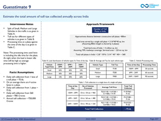 (C) Consult Club, IIM Ahmedabad
Estimate the total amount of toll tax collected annually across India
• Split of Small, Medium and Large
Vehicles in the traffic is as given in
Table A.
• Toll tax for different types of
vehicles is as given in Table B.
• Processing time at a plaza against
the time of the day is as given in
Table C.
Note: The processing time used here
is including the idle time for the plaza.
At night when the load is lower idle
time will be high so average
processing time is higher.
• Daily toll collection from 1 lane of
a toll plaza ~ ₹3.6L
• On an average there are 4 active
lanes in a plaza.
• Daily toll collection from 1 plaza ~
₹15L
• Daily toll collection from 560
plazas ~ ₹85 Crores
• Annual toll collection ~ ₹30,000
Crores
Page 207
Interviewee Notes Approach/Framework
Number of Toll
Plazas in India
Approximate distance between consecutive toll plazas ~80km
Land area served by a single toll plaza = 3.14*40*40 sq. km
(Assuming 80km length is shared by 2 plazas)
Total land area of India ~ 4 million sq. km
Assuming 70% roadways coverage. Serviced area ~ 2.8 mn sq. km
Total toll plazas in India = 2.8 * 10^6 / 3.14 * 40 * 40= ~ 560
Vehicle
TypeTime
10AM –
6PM
6PM –
2AM
2AM –
10AM
Small 50% 40% 10%
Medium 30% 50% 20%
Large 10% 30% 60%
Vehicle Type Toll Tax
Small ₹100
Medium ₹200
Large ₹400
Time of the Day Processing Time
10AM – 6PM 30 seconds
6PM – 2AM 60 seconds
2AM – 10AM 90 seconds
Table A: Load distribution of vehicles types Vs Time of the day Table B: Average toll Tax for each vehicle type Table C: Vehicle Processing time
Time of the
Day
No of Vehicles
Processed
Average Toll Price
Total Toll
Collected
10AM – 6PM 8 hrs / 30 sec = 960
₹(0.5*100 + 0.4*200 +
0.1*400) = ₹170
₹170*960 ~
₹1.6L
6PM – 2AM 8 hrs / 60 sec = 480
₹(0.3*100 + 0.5*200 +
0.2*400) = ₹210
₹210*480 ~
₹1.0L
2AM – 10AM 8 hrs / 90 sec = 320
₹(0.1*100 + 0.3*200 +
0.6*400) = ₹310
₹310*320 ~
₹1.0L
Total Toll Collection ~ ₹3.6L
Table 1: Toll collection in a single lane of a single toll plaza
Guesstimate 9
Facts/Assumptions
2022-2023
 