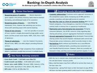 Porter five forces Emerging trends/disruptions
• With the rise in interest rates, bond yields have been on the rise;
this will dent banks’ treasury profits
• Many retail borrowers may find it difficult to service their loans as
the loan rates rise
• Evergreening— giving fresh loans to their borrowers to pay off the
old loans has been growing which could result in rise in bad loans
Key Facts- Banking scenario
• Gross Bank Credit: 118.9 lakh crore (Mar’22)
• Credit Growth rate (SCBs)– ~9.9% CAGR (2015-2022)
• Sector wise credit (SCBs): Personal (28%), Industry (27%),
Services (26%), Agriculture (12%), Others (7%), (Mar’22)
• NPA ratio: 5.9% for all SCBs (Mar’22)
Banking: In-Depth Analysis
An Attempt to give future consultants a better idea of the industry
Risks
• Customer relationships: Customer-centric approach necessary in
the competitive space, banks increasing use of APIs and AI to
provide a seamless and value-add service to customer
• Buy Now Pay Later as a form of consumer lending: With rise of
fintech companies, it has emerged as a new form of lending, banks
extend credit in interest free or spaced-out installments
• Digitization and a fast-emerging new ecosystem: Changing
consumer behavior, rise of UPI, concerns rising regarding data
sharing and privacy, account aggregation framework introduced
• Account aggregation framework: Being developed, financial data
sharing system that would empower individuals with control over
financial data across institutions, which currently remain in silos
• Neo-banking: Banks without any branches are a cost-effective
alternative to traditional banks, providing very convenient and
user-friendly financial services. However, these are currently not
licensed in India, and they count on bank partners (Jupiter, Fi, etc.)
• Bargaining power of suppliers (•) – Market dependent
given capital is the primary resource, bank need to maintain
borrowing, and withdrawal needs of its customers
• Bargaining power of buyers (•) – Low threat by
Individuals/ firms, however low switching cost can be a
threat with switching easier with internet banking
• Threat of new entrants (+) – Low risk specially on account
of trust, market is largely dominated by large public sector
banks and few private sector banks- HDFC, ICICI, Axis (~82%
of advances)
• Threat of substitutes (+) – Low risk, however Insurances,
Mutual Funds, NBFCs are other players providing financial
services
• Competitive rivalry (-) High competition from established
players, customers usually have account in multiple banks
 