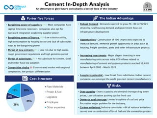 Porter five forces
• Bargaining power of suppliers (+) – Most companies have
captive limestone reservoirs; companies also opt for
backward integration weakening supplier power
• Bargaining power of buyers (+) – Low substitutability,
high consumption by housing sector and lack of substitutes
leads to low bargaining power
• Threat of new entrants (+) – Low risk due to high capex,
tough government regulations and high gestation period
• Threat of substitutes (+) – No substitute for cement. Steel
and timber have low adoption
• Competitive rivalry (-) Concentrated market with regional
competition, low product differentiation
The Indian Advantage
Cement In-Depth Analysis
An Attempt to give future consultants a better idea of the industry
• Robust Demand– Demand expected to grow 7% - 8% in FY2023
driven by rural housing demand and government focus on
infrastructure development
• Opportunities– Construction of 100 smart cities expected to
increase demand. Immense growth opportunity in areas such as
housing, freight corridors, ports and other infrastructure projects
• Increasing investments– Major players investing in new
manufacturing units across India. FDI inflows related to
manufacturing of cement and gypsum products reached $5.48 B
between April 2000 – March 2022
• Long-term potential – Low threat from substitutes. Indian cement
companies are amongst the world greenest cement manufacturers
20%
25%
28%
8%
19%
Raw Materials
Power & fuel
Logistics
Employee
Other expenses
Cost Structure
• Over-capacity- Excess capacity and demand shortage drag down
prices, Low utilization pushing up the fixed cost
• Domestic coal shortage- Limited suppliers of coal and price
fluctuation major problem for the industry;
• Carbon emissions: Industry constitutes ~8% of national emissions
caused due to combustion of fossil fuel and the conversion process
Risks
 