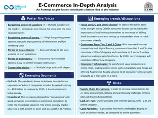 Porter five forces
• Bargaining power of suppliers (-) – Multiple suppliers in
the market – companies can choose the ones with the most
favorable terms
• Bargaining power of buyers (+) – High bargaining power-
options available, transparency of information and low
switching costs
• Threat of new entrants (+) – Easy and cheap to set up a
website to start operations
• Threat of substitutes (+) – Consumers have multiple
options; easy to identify cheaper alternatives
• Competitive rivalry (+) – Multiple large and small players
Emerging trends/disruptions
• Supply Chain Disruptions- In order to increase connectivity to tier
2+ cities, procurement, delivery and warehousing challenges in these
cities will have to be countered.
• Lack of Trust- Out of all users with internet access, only ~23% are
online shoppers
• Cash Payments – Consumers feel more comfortable buying in
cash on delivery mode, as compared to online payments.
Emerging Segments
• Ed-Tech: The pandemic driven lockdowns have led to an
expansion of ed-tech companies in India. Expected to bring
in ~$10 billion in revenue by 2025, it has 6 unicorns in
India already.
• Hyperlocal: The increasing demand for ‘convenience’ and
quick deliveries is prompting e-commerce companies to
enter the hyperlocal segment. The online grocery market
observed a 70% growth in 2021 and was worth $367 billion.
E-Commerce In-Depth Analysis
An Attempt to give future consultants a better idea of the industry
• Focus on D2C and Omni-channel– In light of the fall in store
visits brought on by COVID, consumer brands are realizing the
importance of not limiting themselves to one mode of selling.
Small businesses are also setting up independent sites to reach
consumers directly.
• Consumers from Tier 2 and 3 Cities- With improved internet
connectivity and digital literacy, consumers from tier 2 and 3 cities
constitute ~50% of shoppers and contribute to 3 out of 5 orders
placed on leading e-retail platforms. By 2030, tier 2 shoppers will
contribute 88% of new shoppers.
• Emerging Technologies: To satisfy tech savvy consumers in
metro cities, leading online stores such as Caratlane and Nykaa are
offering Augmented Reality services to let consumers interact with
products as if they were in a store.
Risks
 