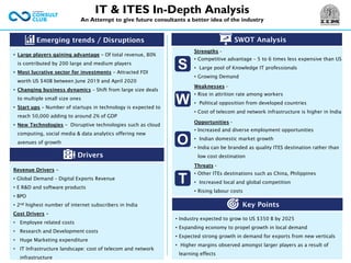 Threats -
• Other ITEs destinations such as China, Philippines
• Increased local and global competition
• Rising labour costs
Emerging trends / Disruptions
• Large players gaining advantage – Of total revenue, 80%
is contributed by 200 large and medium players
• Most lucrative sector for investments – Attracted FDI
worth US $40B between June 2019 and April 2020
• Changing business dynamics – Shift from large size deals
to multiple small size ones
• Start ups – Number of startups in technology is expected to
reach 50,000 adding to around 2% of GDP
• New Technologies – Disruptive technologies such as cloud
computing, social media & data analytics offering new
avenues of growth
SWOT Analysis
• Industry expected to grow to US $350 B by 2025
• Expanding economy to propel growth in local demand
• Expected strong growth in demand for exports from new verticals
• Higher margins observed amongst larger players as a result of
learning effects
Drivers
Revenue Drivers –
• Global Demand – Digital Exports Revenue
• E R&D and software products
• BPO
• 2nd highest number of internet subscribers in India
Cost Drivers –
• Employee related costs
• Research and Development costs
• Huge Marketing expenditure
• IT Infrastructure landscape: cost of telecom and network
infrastructure
IT & ITES In-Depth Analysis
An Attempt to give future consultants a better idea of the industry
S
W
O
T
Strengths -
• Competitive advantage – 5 to 6 times less expensive than US
• Large pool of Knowledge IT professionals
• Growing Demand
Weaknesses -
• Rise in attrition rate among workers
• Political opposition from developed countries
• Cost of telecom and network infrastructure is higher in India
Opportunities -
• Increased and diverse employment opportunities
• Indian domestic market growth
• India can be branded as quality ITES destination rather than
low cost destination
Key Points
 