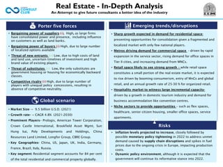 Porter five forces
• Bargaining power of suppliers (-), High, as large firms
have consolidated power and presence, including influence
on customers as well as land banks.
• Bargaining power of buyers (-) High, due to large number
of localized options available
• Threat of new entrants (+) Low, due to high costs of land
and land use, uncertain timelines of investment and high
brand value of existing players.
• Threat of substitutes (+) Low, the only substitutes are
government housing or housing for economically backward
classes.
• Competitive rivalry (-) High, due to large number of
players with unequal policy concessions, resulting in
absence of competitive neutrality.
Emerging trends/disruptions
• Inflation levels projected to increase, closely followed by
possible monetary policy tightening in 2022 to address unmet
demand caused by supply chain disruptions and spikes in fuel
prices due to the ongoing crisis in Europe, impacting production
costs.
• Dynamic policy environment, although it is expected that the
government will continue its reformative stance into 2022.
Global scenario
• Market Size- ~ 9.5 billion U.S.D. (2021)
• Growth rate– ~ CAGR 4.8% (2021-2030)
• Prominent Players– Prologis, American Tower Corporation,
Crown Castle International, Brookfield Asset Mgmt, Sun
Hung kai, Poly Developments and Holdings, China
Resources Land Limited, Longfor Group, CBRE Group.
• Key Geographies- China, US, Japan, UK, India, Germany,
France, Brazil, Italy, Russia.
• Key segment: Residential segment accounts for 84 per cent
of the total residential and commercial property globally.
Real Estate - In-Depth Analysis
An Attempt to give future consultants a better idea of the industry
• Sharp growth expected in demand for residential space-
presenting opportunities for consolidation given a fragmented and
localized market with only few national players.
• Metros driving demand for commercial space - driven by rapid
expansion in the service sector, rising demand for office spaces in
Tier II cities, and increasing demand from MNCs.
• Retail space likely to see strong growth – while retail space
constitutes a small portion of the real estate market, it is expected
to rise driven by booming consumerism, entry of MnCs and global
retail, and an annual growth rate of 25-30 % for organized retail.
• Hospitality market to witness large incremental capacity-
driven by a growth in domestic tourism industry and demand for
business accommodation like convention centres.
• Niche sectors to provide opportunities – such as flex spaces,
healthcare, senior citizen housing, smaller office spaces, service
apartments.
Risks
 