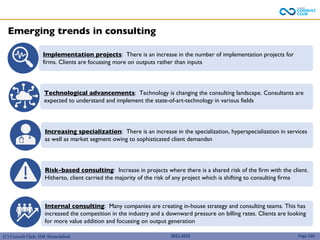 (C) Consult Club, IIM Ahmedabad
Emerging trends in consulting
2022-2023 Page 260
Implementation projects: There is an increase in the number of implementation projects for
firms. Clients are focussing more on outputs rather than inputs
Technological advancements: Technology is changing the consulting landscape. Consultants are
expected to understand and implement the state-of-art-technology in various fields
Increasing specialization: There is an increase in the specialization, hyperspecialization in services
as well as market segment owing to sophisticated client demandsn
Risk-based consulting: Increase in projects where there is a shared risk of the firm with the client.
Hitherto, client carried the majority of the risk of any project which is shifting to consulting firms
Internal consulting: Many companies are creating in-house strategy and consulting teams. This has
increased the competition in the industry and a downward pressure on billing rates. Clients are looking
for more value addition and focussing on output generation
 