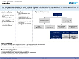 (C) Consult Club, IIM Ahmedabad 2022-2023
Your client is a private company in the United states that leases a jet. The lease contract is soon expiring, and the company wants to renew the
contract. The client now contacted you and asked you to find ways to reduce the lease amount.
Approach/ Framework
Interviewee Notes Case Facts
• The current lease fee is 1 million
Dollar
• The contract duration is 1 year
• Seating capacity of the plane is 40
• The occupancy has ranged around 8-
10
• The company uses the leased jet 3-4
times per month
• The contract has been renewed for
the last 7 years
• Short leasing period (1
year): 1 Million
Long leasing period (5 years):
4.2 Million
Lower Leasing fee
• The jet need not be the exact
same as leased under the present
contract
• Assume occupancy follows a
normal distribution and will rarely
exceed 15 passengers
• Look into the requirement of the
jet
• Duration of lease agreement can
be modified to reduce costs
Client Requirements
Lessor and leasing
contract
Type of contract Short (1year) Long (5 years)
Total cost 1 million 4.2 million
Cost per year 1 million 0.84 million
Cost savings per year 160000
Seating
Requirement
Frequency of use
New lessor with
lower rate
Increasing contract
duration
Recommendations
• Lease plane with lower seating capacity. Since the plane hardly ever is used at max capacity, a smaller plane can be leased
• Share the lease contract with another party. Stringent contracts need to be established regarding usage
• Increase contract duration. A longer contract duration should result in discounts
Observations / Suggestions
• Conduct a feasibility analysis of the options recommended, wherever possible
• If a feasibility analysis is not possible, mention the caveats associated with your recommendations
• Structure the recommendation and do not give a laundry list of suggestions
Lease fee
Page 30
Profitability | Cost reduction | Moderate | Aviation
 