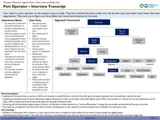 (C) Consult Club, IIM Ahmedabad
Recommendations
• Lobbying with the government to sanction an SEZ is such situations is usually futile but is still worth the effort given the capital investment that has already been made by the client
• Lobbying with the government for better downstream logistics infrastructure (roads, rail terminals, multi-modal logistics parks, IWT) is more prudent as it reduces the overall transportation cost for
cargo (~50% of overall cost) & more importantly aligns with the goals of the government.
• Partnering with the downstream logistics players (truckers, rail operators, terminal operators) is a “service differentiation” strategy that was actually recommended by Kearney to the client
• Price discounts and alignment of services with industry trends is something that the port operator would have already tried, nonetheless, it is important to state.
Key Learnings
• Numbers are always given with a purpose, it is easy to ignore them when no insights are easily evident, but one needs to spend enough time digging deeper.
• Understanding the decision maker in the value chain is the key to unearthing many issues that exist with services providers that are part of value chains with more than a single node.
Your client is a port operator on the western coast on India. They have noticed that their profits over the last few years have been much lower than their
expectations. They want you to figure out the problem and recommend solutions for the same.
Approach/ Framework
Interviewee Notes
• It is important to understand
the problem statement i.e.,
shortfall in expectations and
not profit decline
• Preliminary questions around
actual revenue & expected
revenue, geographic location,
timeline & competitors were
crucial to solving this case.
• Sharing hypothesis on “no. of
clients” being the real issue
helped get to the root cause
quicker.
• Understand the value chain
to identify the real decision-
maker (here, manufacturer
and not the shipment
company).
• This case tests- structure,
numeracy, judgement,
communication &
adaptability.
Case Facts
• Issue persists since
inception- 3-4 years,
and is specific to our
client
• Port located south of
Rajkot.
• Expected revenues,
actual revenues & costs
have remained the same
each year
• Service quality is
superior to competition
• Manufactures
(exporters) think of
shippers and port
operators as nodes in
the value chain. They
are the decision makers.
• No demand side issue
as our competition is
able to reach their
targets
• Political unrest resulted
in the government not
sanctioning the SEZ
which resulted in low
demand for our port.
Revenues
Revenue/
Client
No. of
clients
Supply
Issue
Demand
Issue
Demand Supply
Page 48
Internal External
2022-2023
Port Operator – Interview Transcript
Need
Awareness
Accessibility
Experience
Accessibility
Substitutes
Manufacturer Shipper Port Buyer
(Exporter) (Importer)
Political
Economic
Social
Technological
Environmental
Legal
Revenue | Moderate | Logistics Sector | Ports | Kearney Buddy Case
 
