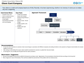 (C) Consult Club, IIM Ahmedabad
Your client is a credit card company based out of India. Recently, it has been experiencing a decline in its revenues. It wants you to analyse
why this is happening.
Approach/ Framework
Interviewee Notes
• Customer churn rate
• Look at customer journey
• Banks are known for
having lengthy
documentation processes
and record-keeping
Case Facts
• Credit Card company
(issuer) with national
presence facing 10% dip in
revenues
• Revenue stream : Annual
Charge
• Problem specific to the
company
• Problem with retail
customers
2022-2023
Client Card Company
Recommendations
• In the short term, Incentives to customers: lower annual charge or associations with different companies and sending reminders to the customers at frequent intervals before the renewal
deadline can be done.
• Also, having an online facility (if not any) in place would be convenient for customers to upload their document details.
• In the long term, we can lobby with the government for easier procedures
Observations / Suggestions
• Structure the problems till the end and modify the frameworks according to need. Segmentation of recommendations should also be done according to the time period.
• Have a longer-term vision of the business. This could have enabled the ascertainment of the problem with the renewal process.
Page 64
Revenue
Retail Segment
Annual Charge Number of card users
Corporate
Segment
Need Accessibility Affordability
Customer
Experience
Awareness
Pre-
Transaction
During
Transaction
Post
Transaction Renewal
Profitability | Revenue Decline | Moderate | BFSI
 