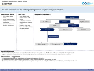 (C) Consult Club, IIM Ahmedabad
You client is ZoomCar and they are facing declining revenues. They have hired you to help them.
Approach/ Framework
Interviewee Notes
• Clarify probable revenue
streams
• Rule out issues which seem
unlikely to occur across India
simultaneously
• Split recommendations into
short-term and long-term
Case Facts
• Client has been facing
declining revenues for 4
months
• 3 other major competitors,
none of which are facing this
problem
• Problem all across India
• Lower demand for both new
and repeat customers
2022-2023
ZoomCar
Recommendations
• Short-term: reduce security deposit amount; extend refund timeline and mention this explicitly on app; offer ZoomCar credits to be used for further bookings for refund
• Long-term: Look at other lines of credit or raise additional funding; optimize cost structure; partner with ecommerce sites to offer coupons/vouchers to customers
Observations / Suggestions
• The candidate was expected to have some idea about the possible revenue generators for ZoomCar
• The candidate used the term ‘utilization’ without explaining what it meant, could have elaborated on the terminology they used
• The interviewer asked the candidate to explore all buckets at several points, this opportunity was used by the candidate to use prior information given to rule out possible issues
Page 74
Revenues
Utilization Avg. Trip Revenue
No. of Cars
Demand
Supply
Attraction Selection Retention
Post Journey
During Journey
Before Journey
Negative Feedback
Revenues
Utilization
Demand
Attraction
Profitability | Revenue Decline | Moderate | Services
 