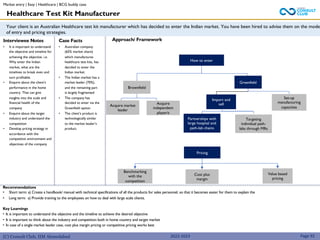 (C) Consult Club, IIM Ahmedabad
Recommendations
• Short term: a) Create a handbook/ manual with technical specifications of all the products for sales personnel, so that it becomes easier for them to explain the
• Long term: a) Provide training to the employees on how to deal with large scale clients.
Key Learnings
• It is important to understand the objective and the timeline to achieve the desired objective
• It is important to think about the industry and competition both in home country and target market
• In case of a single market leader case, cost plus margin pricing or competitive pricing works best
Your client is an Australian Healthcare test kit manufacturer which has decided to enter the Indian market. You have been hired to advise them on the mode
of entry and pricing strategies.
Approach/ Framework
Interviewee Notes
• It is important to understand
the objective and timeline for
achieving the objective. i.e.
Why enter the Indian
market, what are the
timelines to break even and
turn profitable.
• Enquire about the client’s
performance in the home
country. That can give
insights into the scale and
financial health of the
company
• Enquire about the target
industry and understand the
competition
• Develop pricing strategy in
accordance with the
competitive environment and
objectives of the company
Case Facts
• Australian company
(65% market share)
which manufactures
healthcare test kits, has
decided to enter the
Indian market
• The Indian market has a
market leader (70%),
and the remaining part
is largely fragmented
• The company has
decided to enter via the
Greenfield option
• The client’s product is
technologically similar
to the market leader’s
product.
How to enter
Brownfield
Greenfield
Import and
sell
Set-up
manufacturing
capacities
Partnerships with
large hospital and
path-lab chains
Targeting
individual path-
labs through MRs
Healthcare Test Kit Manufacturer
Page 92
Benchmarking
with the
competition
Value based
pricing
Cost plus
margin
Pricing
Acquire market
leader
Acquire
independent
player/s
Market entry | Easy | Healthcare | BCG buddy case
2022-2023
 