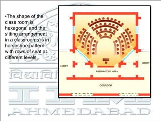 •The shape of the
class room is
hexagonal and the
sitting arrangement
in a classrooms is in
horseshoe pattern
with rows of seat at
different levels.
 