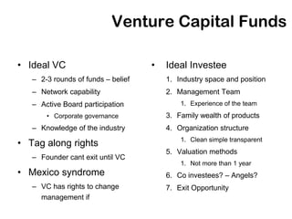 Venture Capital Funds

• Ideal VC                          •   Ideal Investee
   – 2-3 rounds of funds – belief       1. Industry space and position
   – Network capability                 2. Management Team
   – Active Board participation             1. Experience of the team
       • Corporate governance           3. Family wealth of products
   – Knowledge of the industry          4. Organization structure
                                            1. Clean simple transparent
• Tag along rights
                                        5. Valuation methods
   – Founder cant exit until VC
                                            1. Not more than 1 year
• Mexico syndrome                       6. Co investees? – Angels?
   – VC has rights to change            7. Exit Opportunity
     management if
 